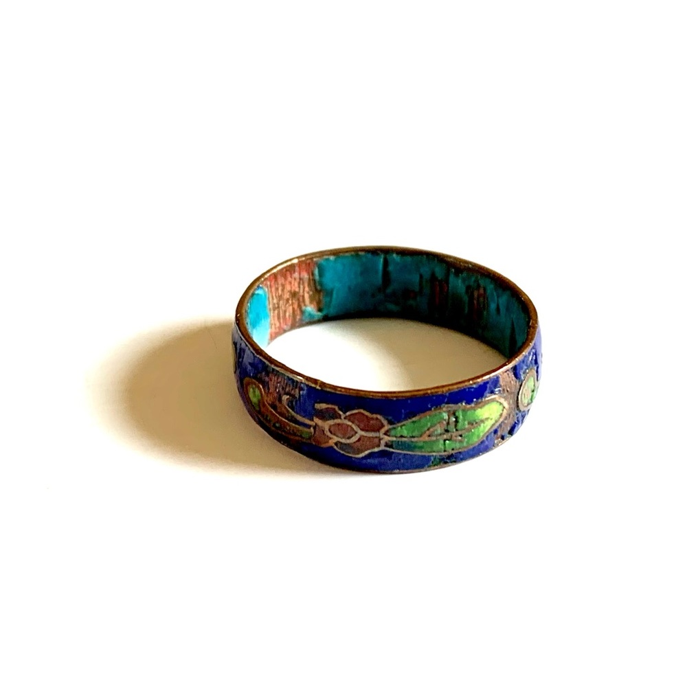 Cloisonné Ring Colored Enamel Inlay Flowers Vintage Size 6 - Picture 3 of 7